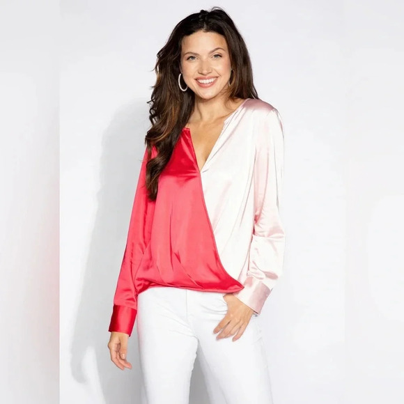 S’Edge NWT Astrid Light Pink‎ Fuchsia Colorblock V Neck Top Blouse Size Medium - Picture 1 of 6